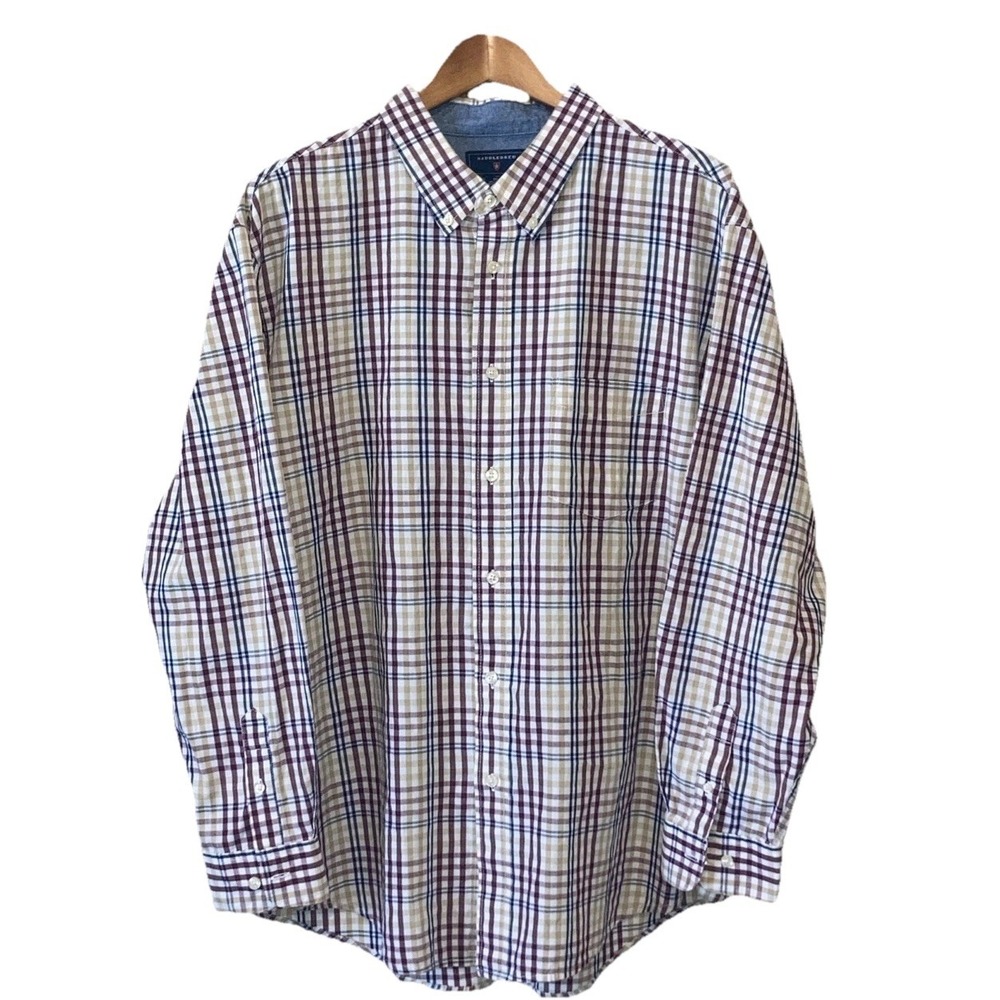 Saddlebred Wrinkle Free Shirt Men's XXL Maroon/Tan Plaid Long Sleeve Button Down